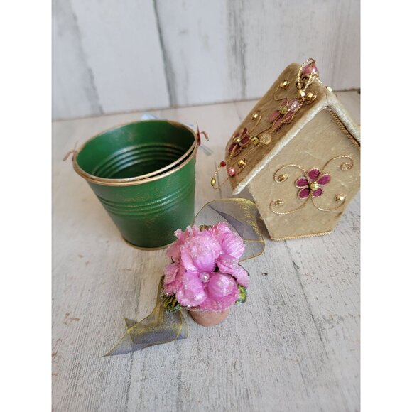 Unique bird house bucket bird ornament Xmas set - Picture 6 of 7